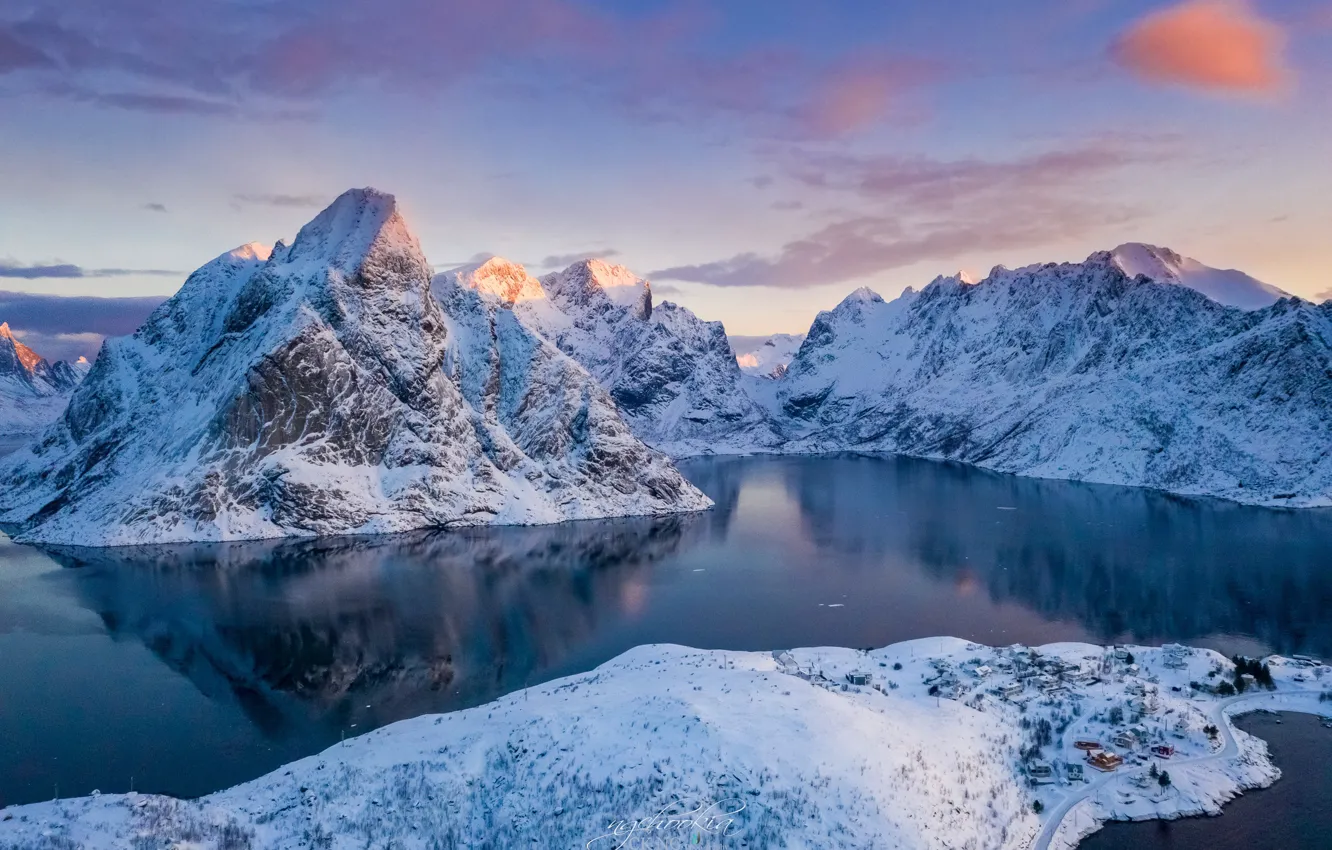 Photo wallpaper winter, sea, the sky, snow, mountains, rocks, Norway, panorama