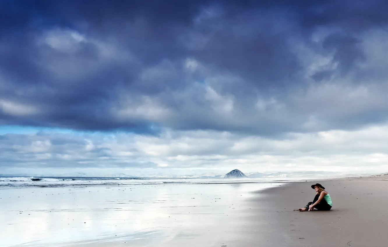 Photo wallpaper beach, the sky, girl, clouds, pose, the ocean