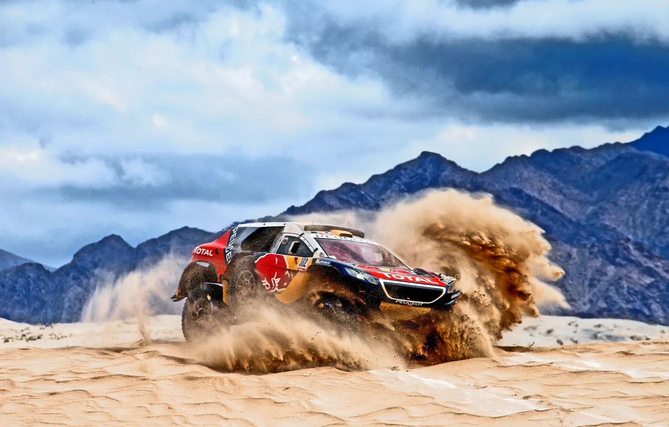 Photo wallpaper Sand, Mountains, 2008, Sport, Speed, Race, Peugeot, Red Bull