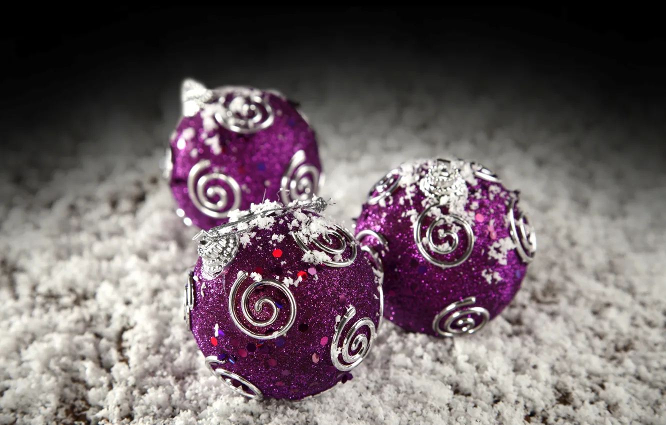 Photo wallpaper winter, purple, balls, snow, holiday, balls, pattern, toy