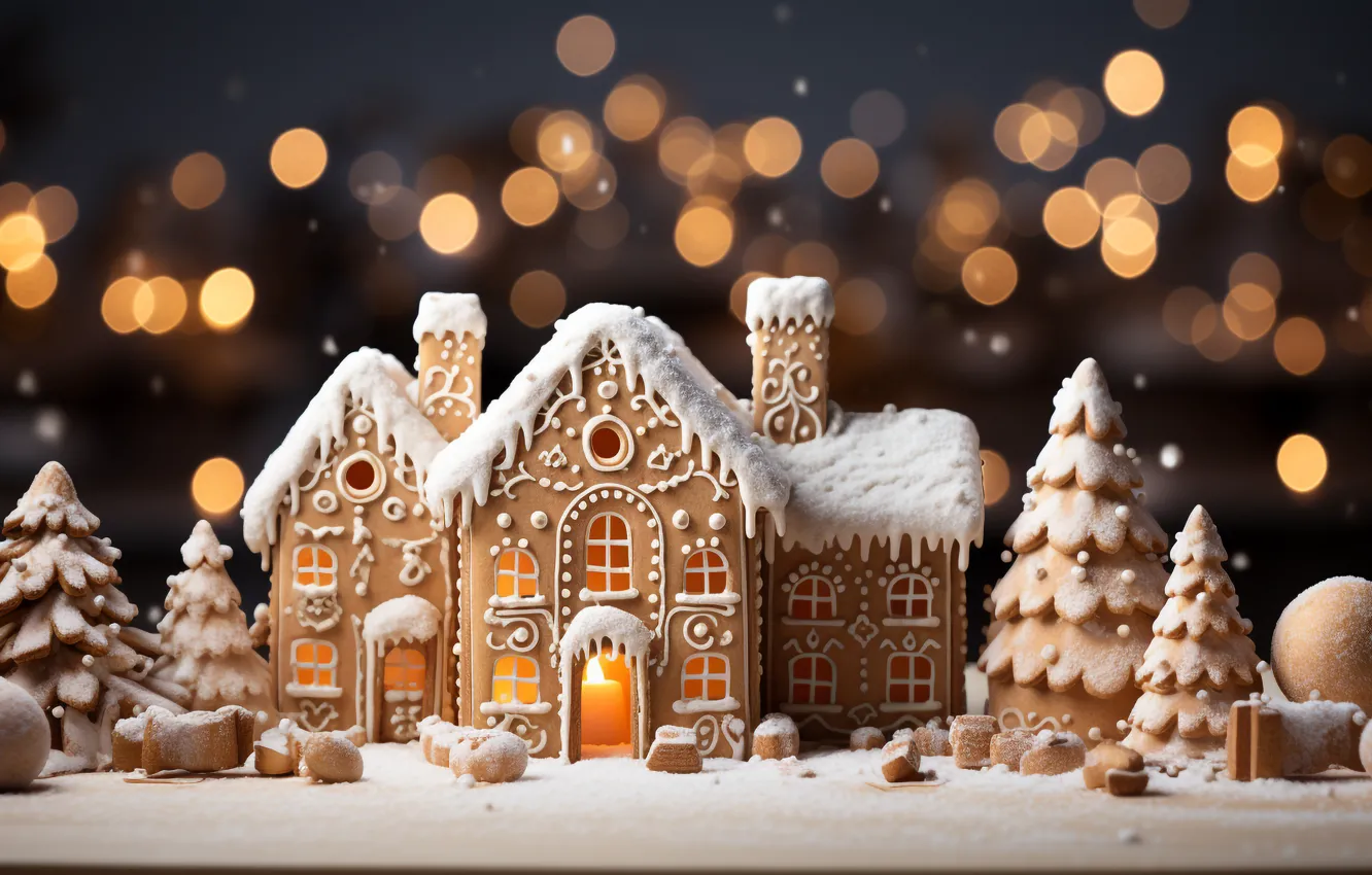 Photo wallpaper snow, balls, new year, Christmas, house, Christmas, balls, winter