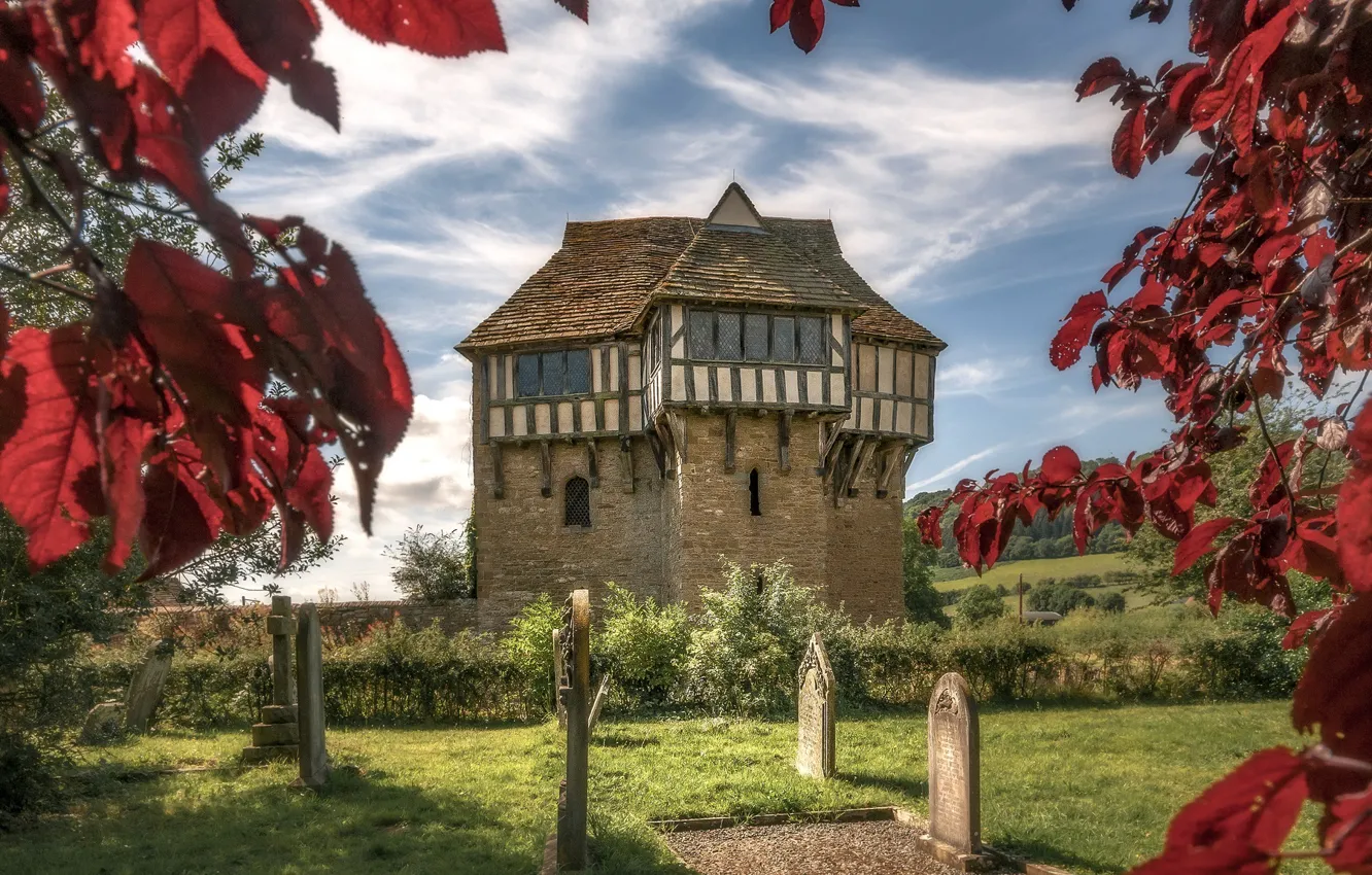 Photo wallpaper autumn, leaves, castle, England, Stokesay castle