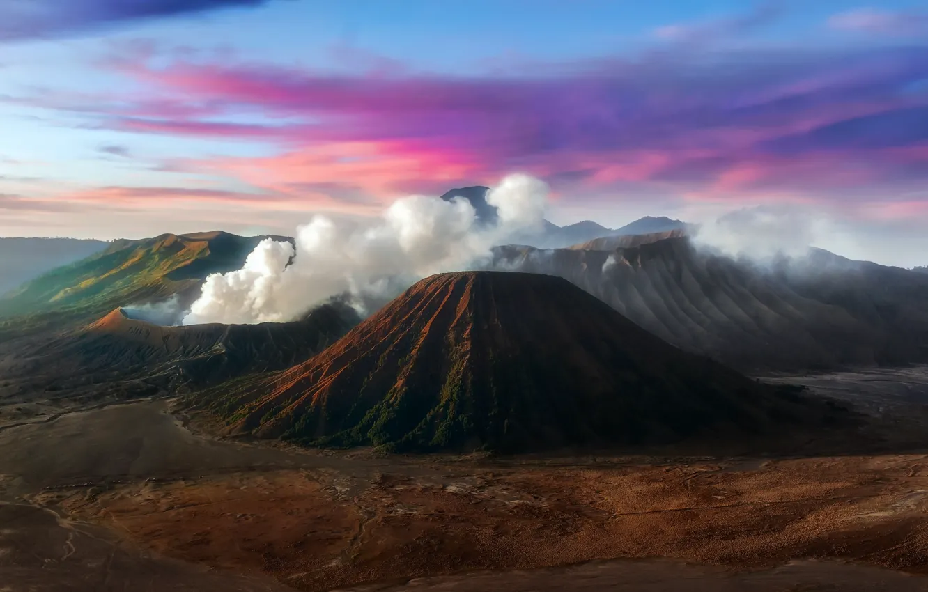 Photo wallpaper clouds, mountains, smoke, the volcano, Indonesia, Bromo, Java, tectonic complex TenGer