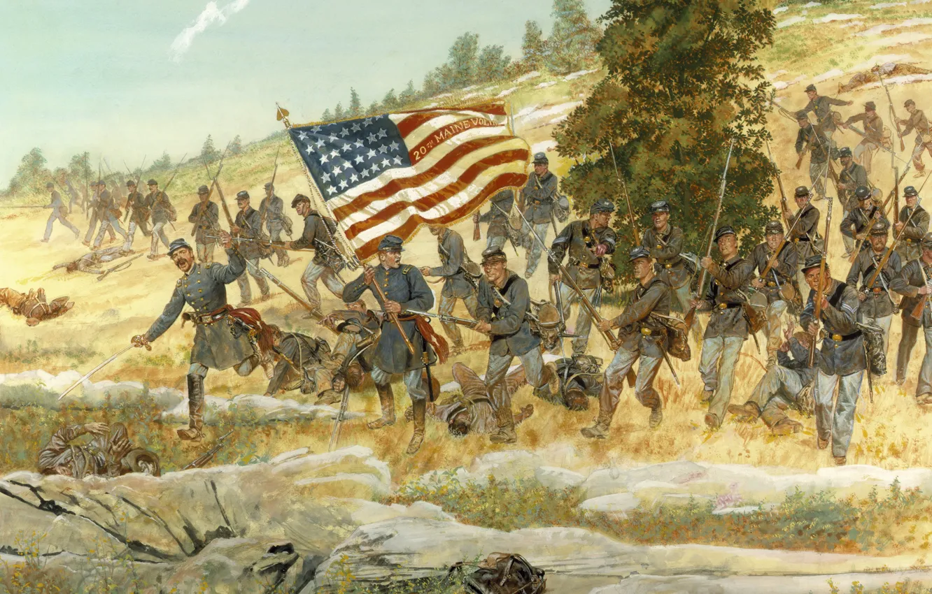 Photo wallpaper flag, Americans, America, run, cowboy, Gettysburg, July 2, 1863..The Battle of Gettysburg