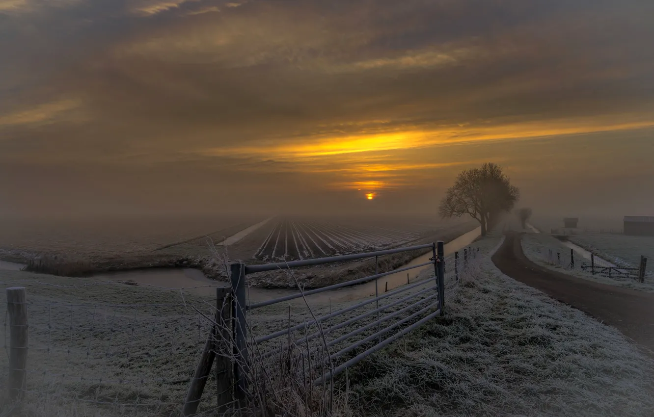 Photo wallpaper frost, field, clouds, sunset, the fence, Netherlands, Zeevang