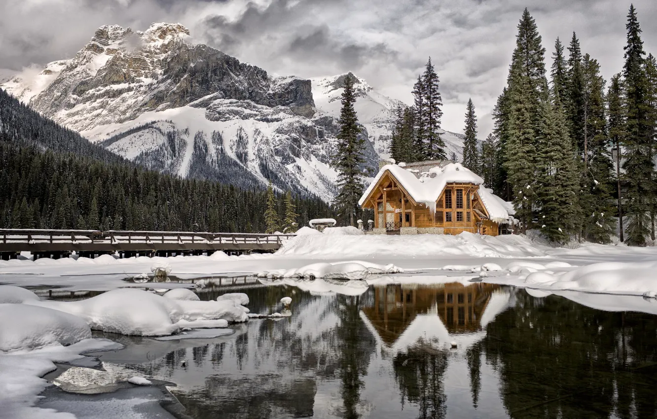 Photo wallpaper winter, snow, trees, mountains, bridge, lake, hut