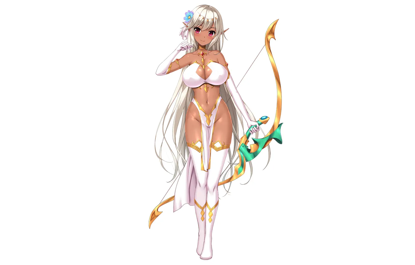 Photo wallpaper girl, sexy, cleavage, flower, thighhighs, long hair, legs, boobs