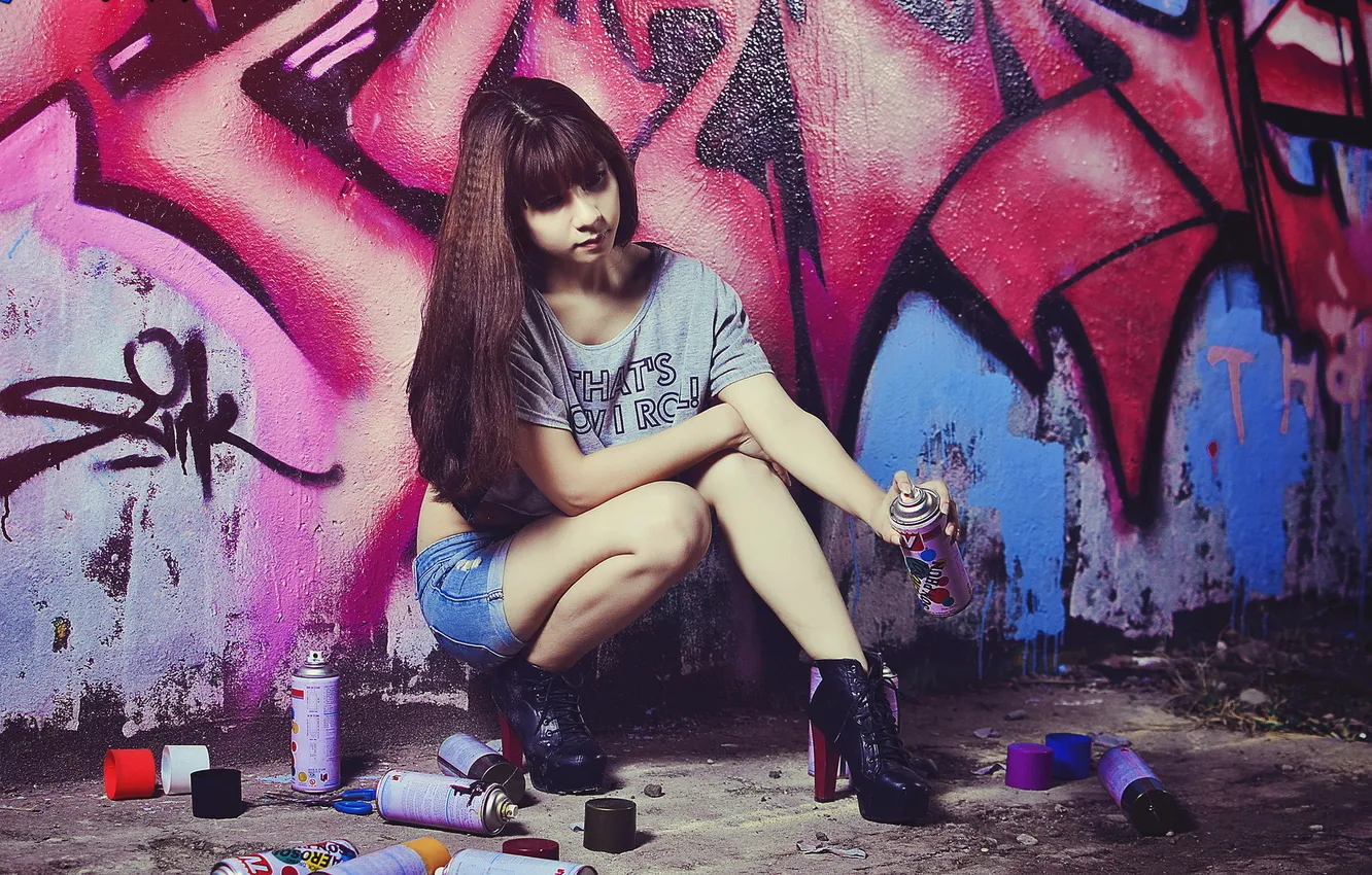 Photo wallpaper girl, Asian, Graffiti Wal