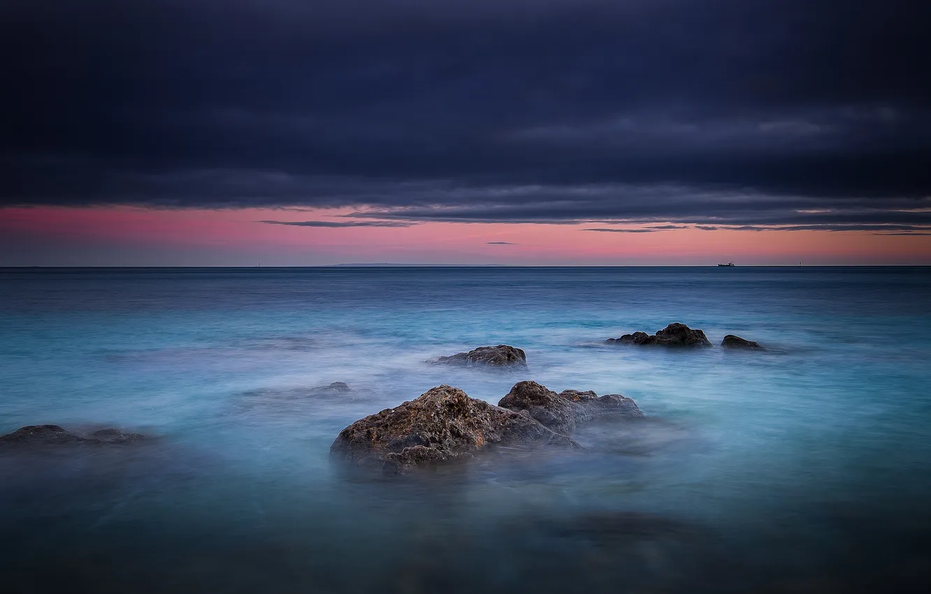 Photo wallpaper sea, clouds, sunset, stones, storm, horizon