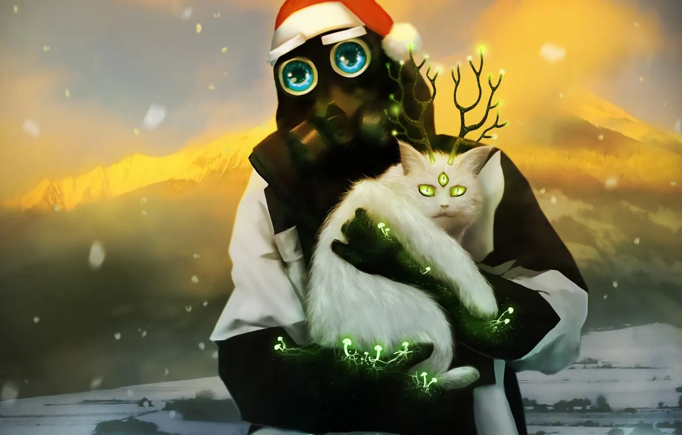 Photo wallpaper cat, cat, snow, hat, radiation, gas mask, horns, three eyes