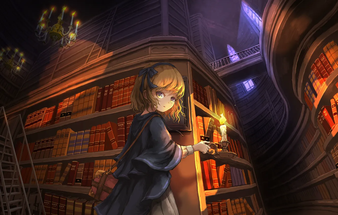 Photo wallpaper girl, candle, library, chandeliers, in the castle