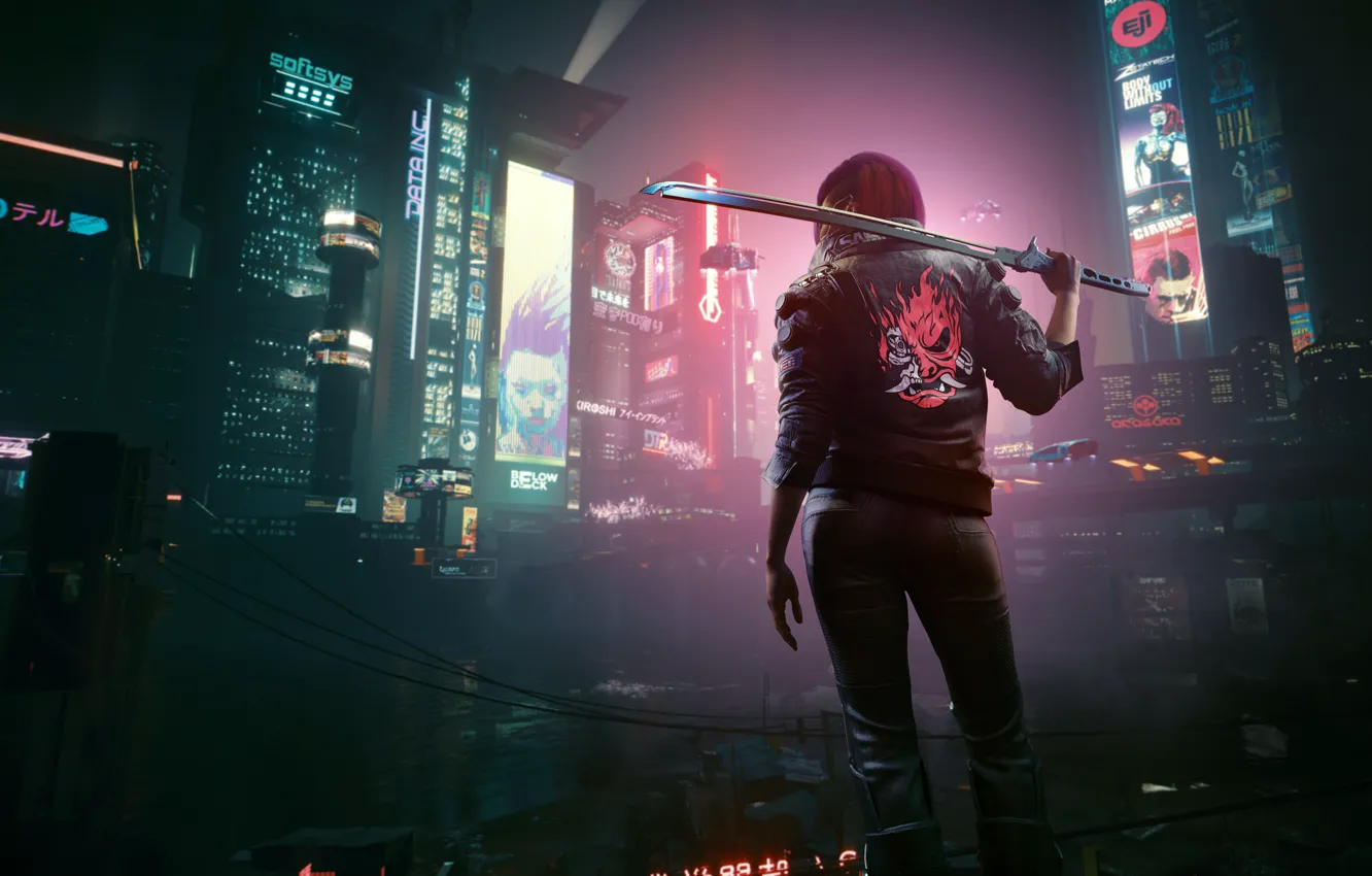 Photo wallpaper katana, Cyberpunk 2077, Night City, phantom liberty
