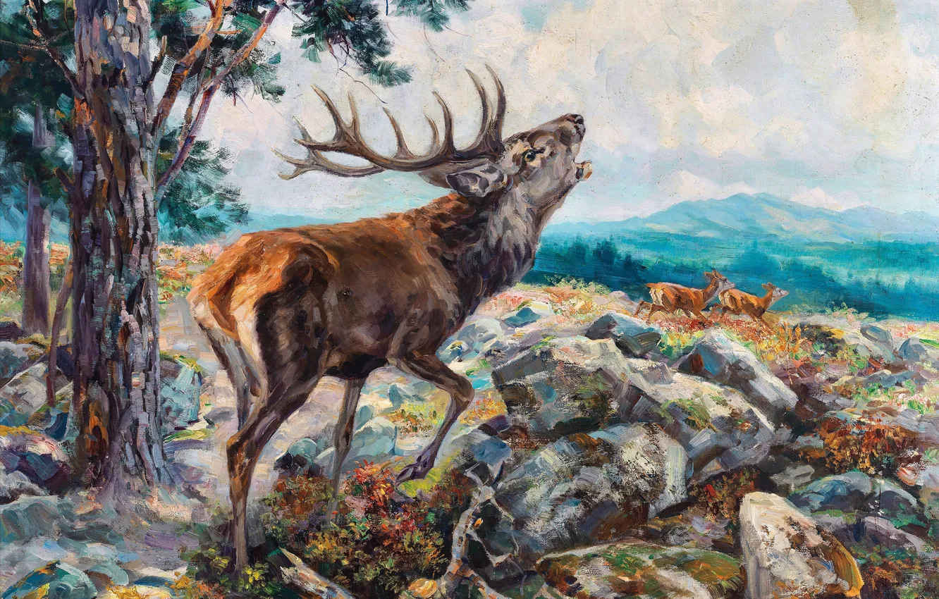 Photo wallpaper Trees, Stones, Picture, Horns, Austrian artist, Erich Dichtl, The Roaring Deer, Erich Dichtl