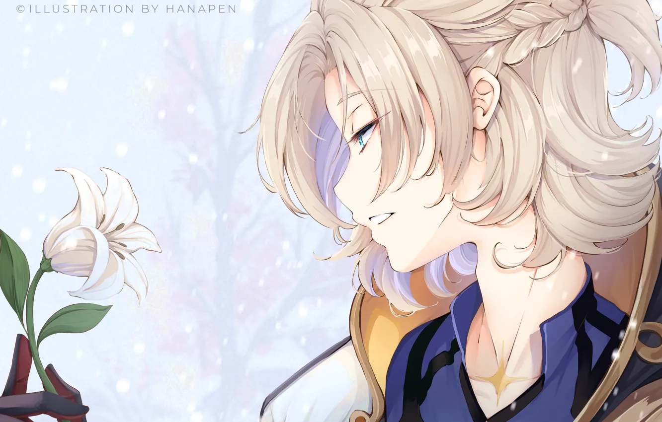 Photo wallpaper flowers, Lily, guy, albedo, Genshin Impact