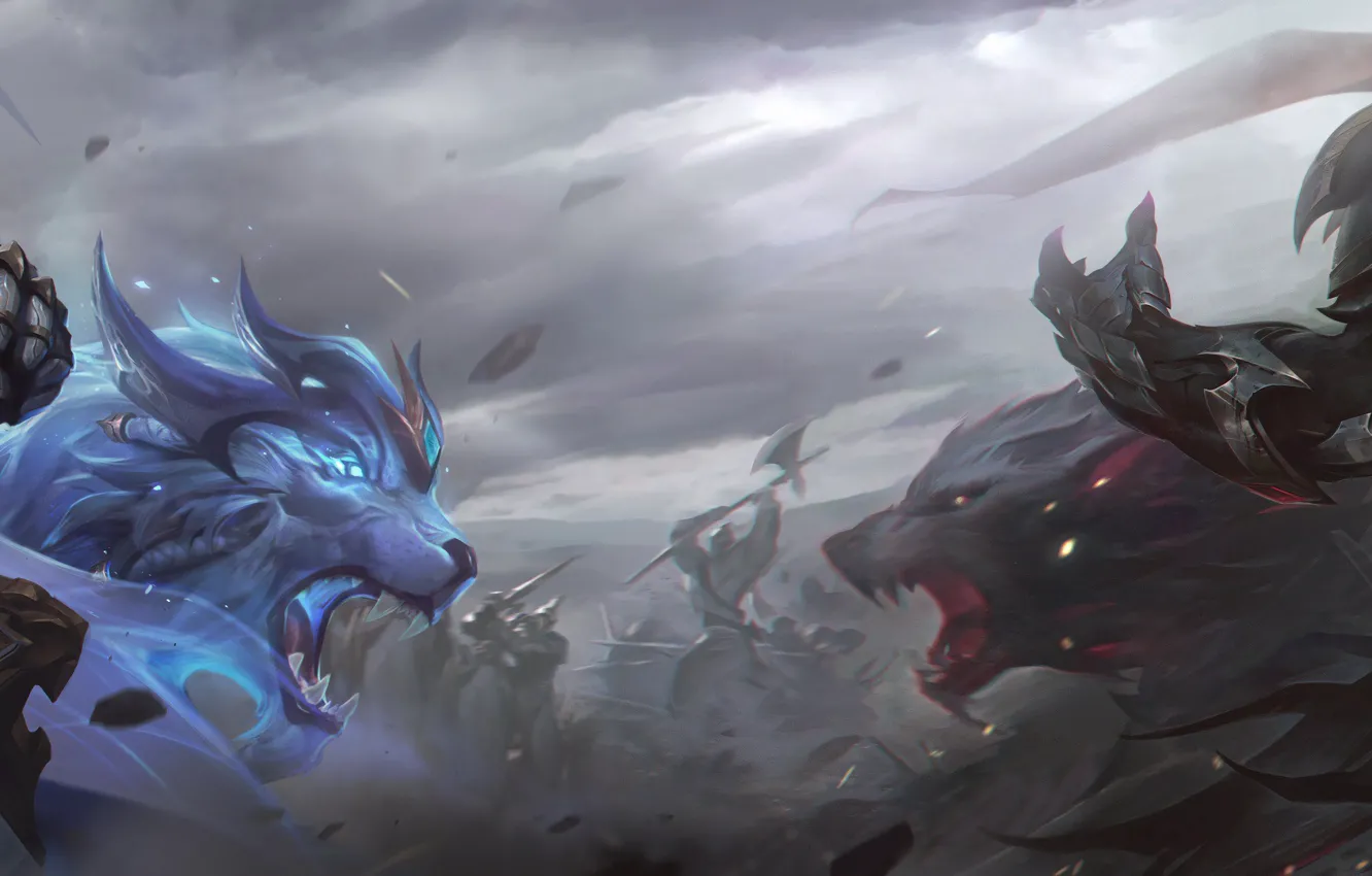 Photo wallpaper wolf, sword, Leo, flag, art, armor, battle, axe