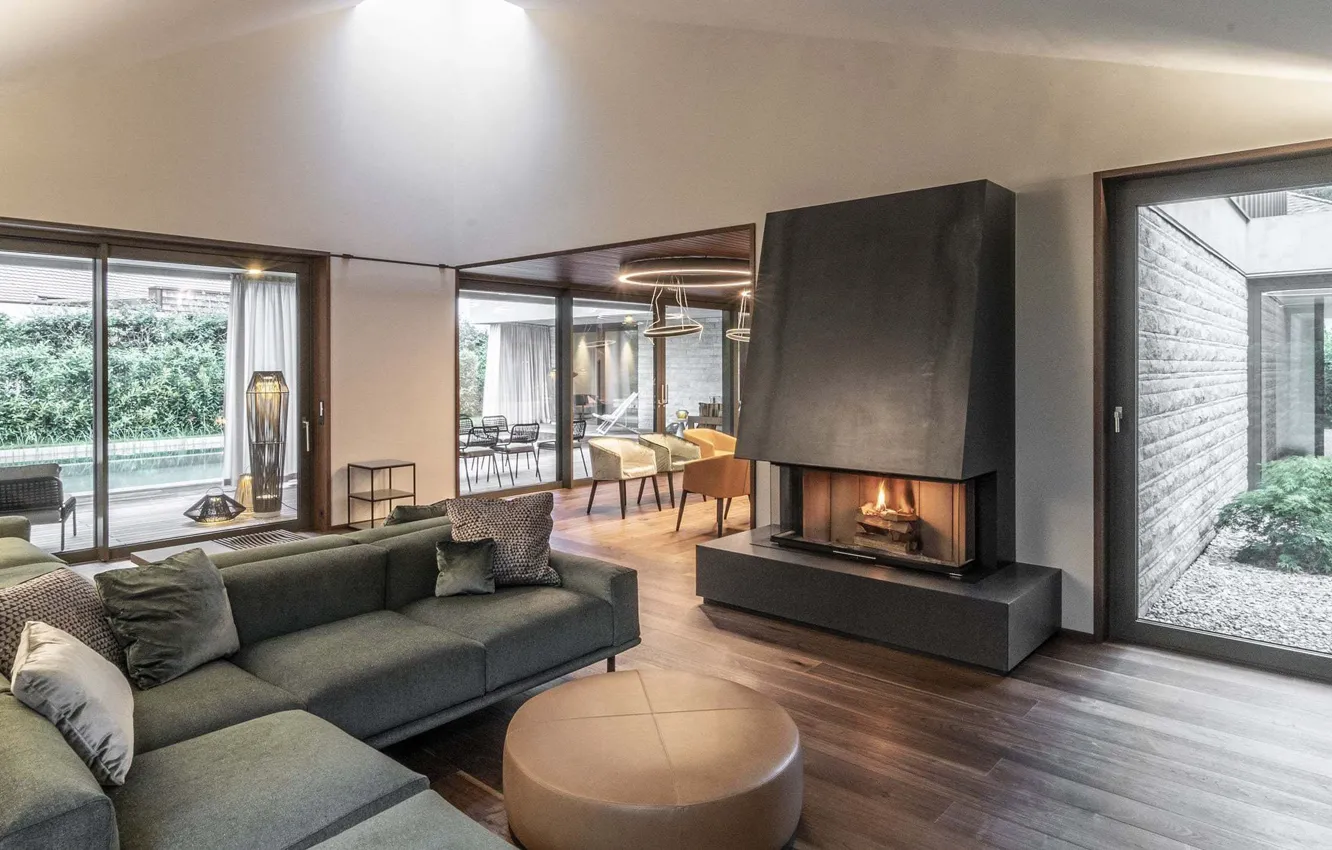 Photo wallpaper design, style, interior, pool, Austria, fireplace, terrace, living room