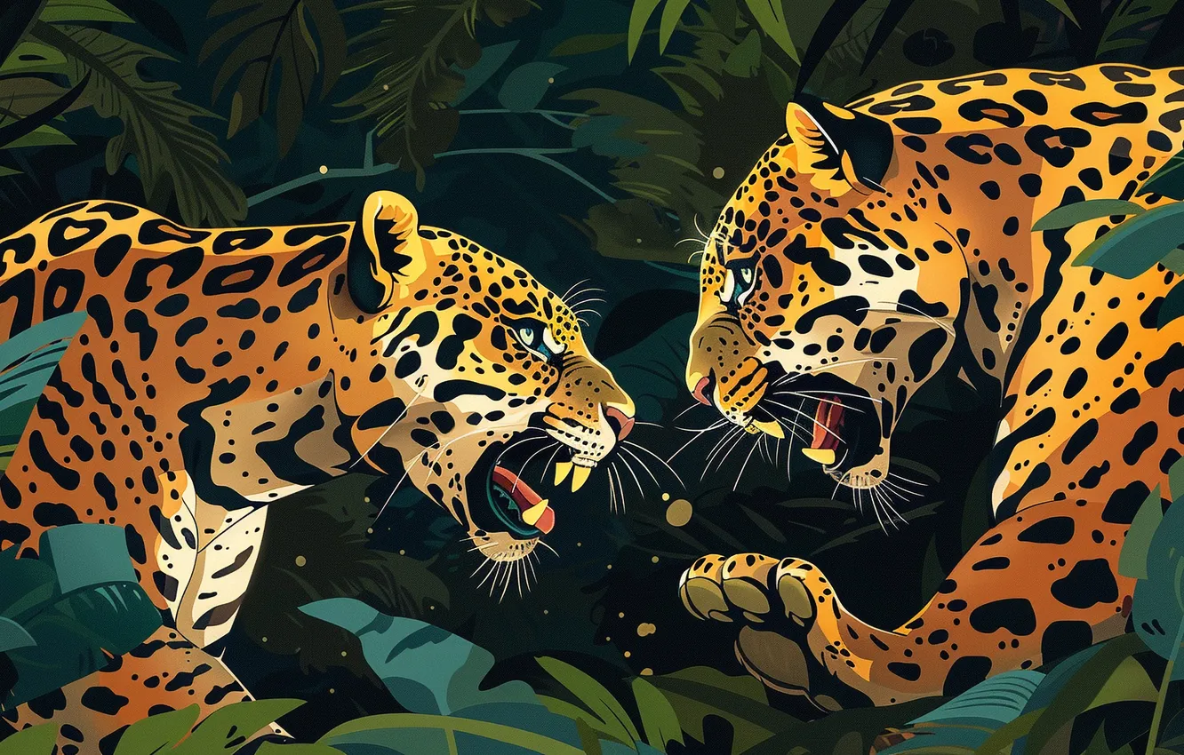 Photo wallpaper predator, grin, Jaguar, two, side, big cats, digital art, imitation painting