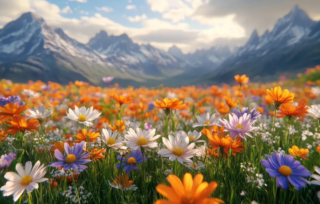 Photo wallpaper field, clouds, flowers, mountains, tops, chamomile, dal, white