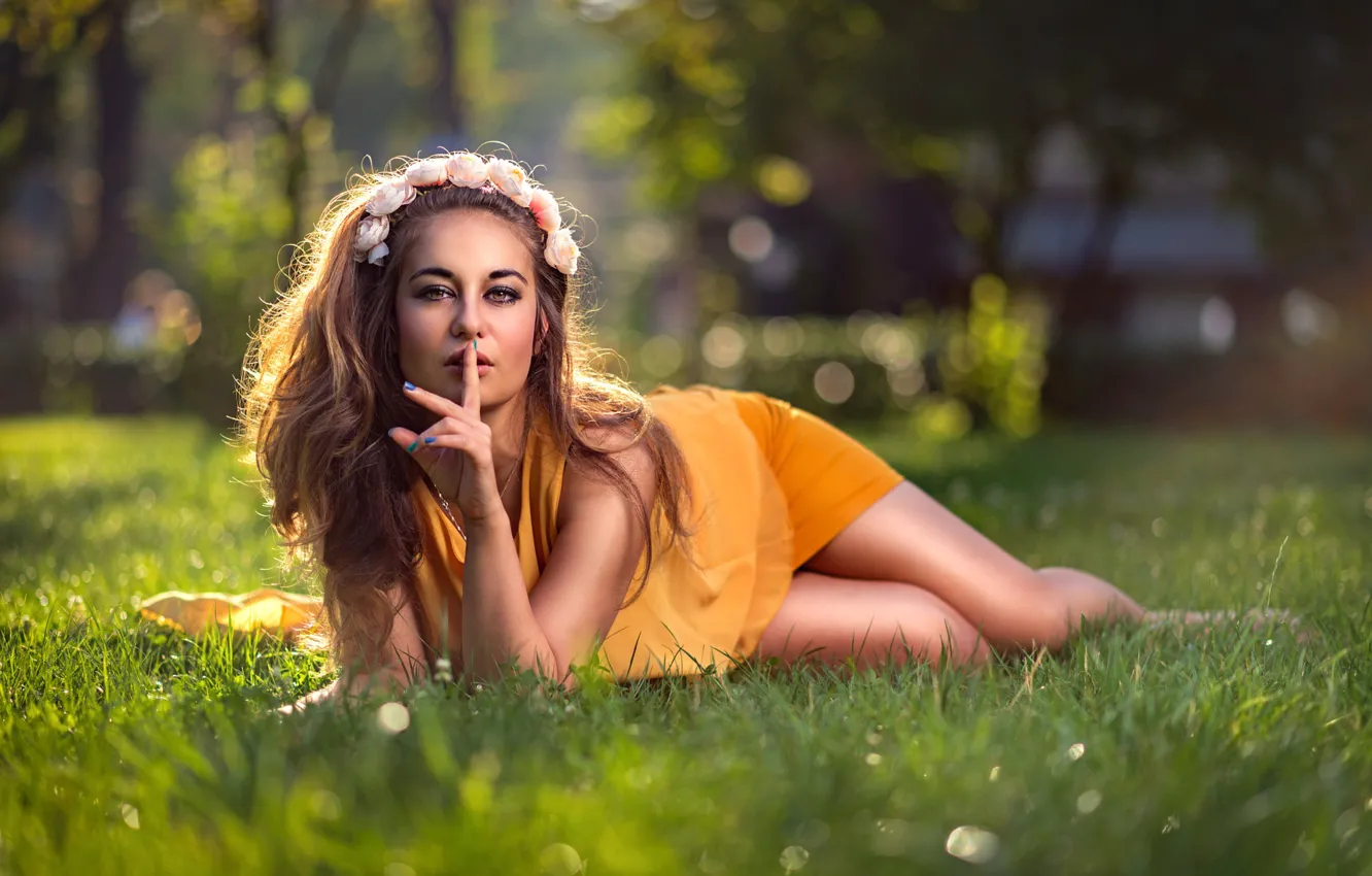 Photo wallpaper summer, grass, look, girl, flowers, nature, pose, skirt