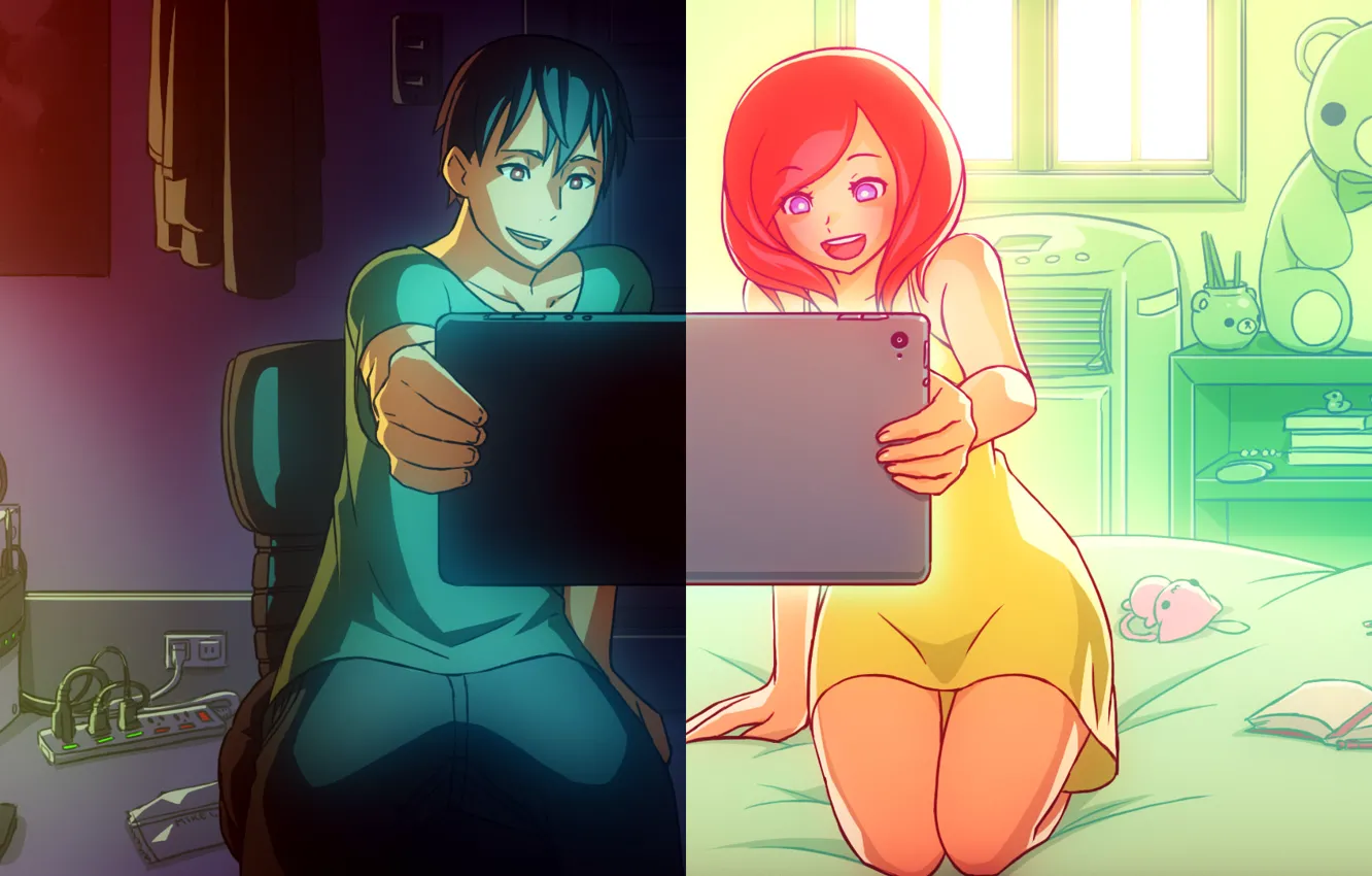 Photo wallpaper girl, pair, guy, tablet, Mike Inel