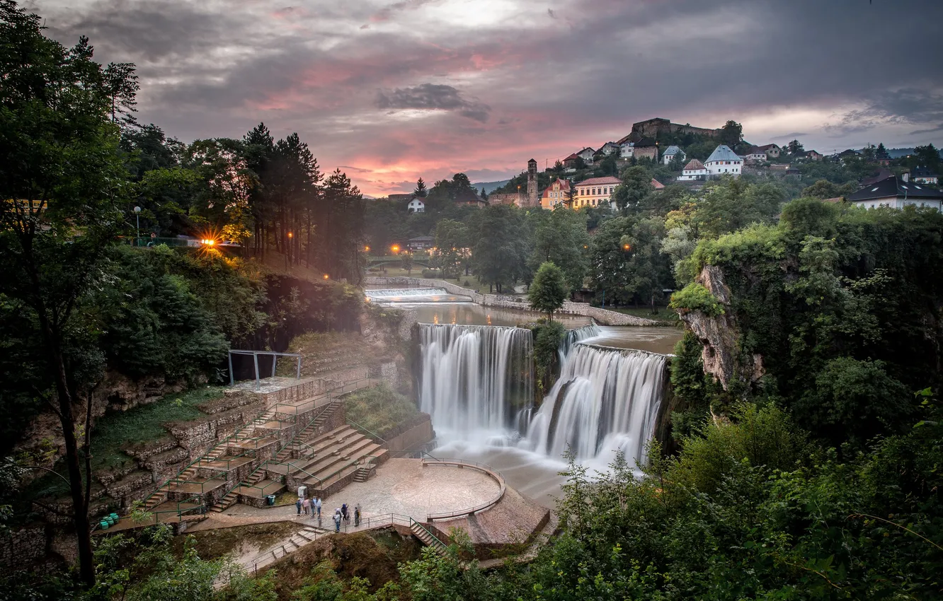 Photo wallpaper the sky, mountains, clouds, bridge, the city, people, building, waterfall