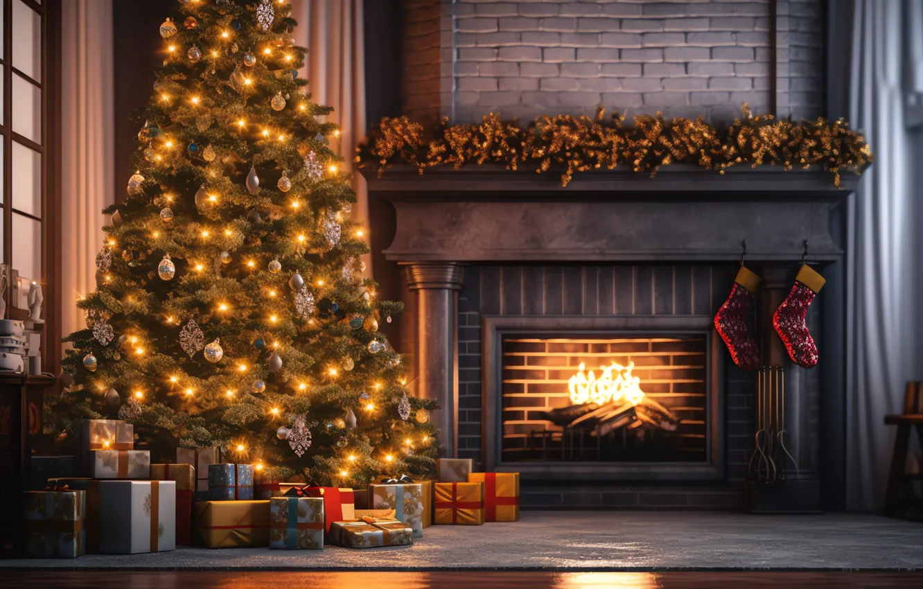 Photo wallpaper lights, comfort, heat, room, flame, new year, home, interior