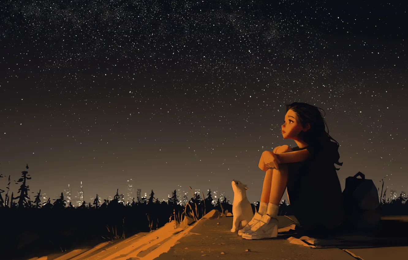 Photo wallpaper animals, landscape, stars, women, cats, digital art, artwork, Illustration