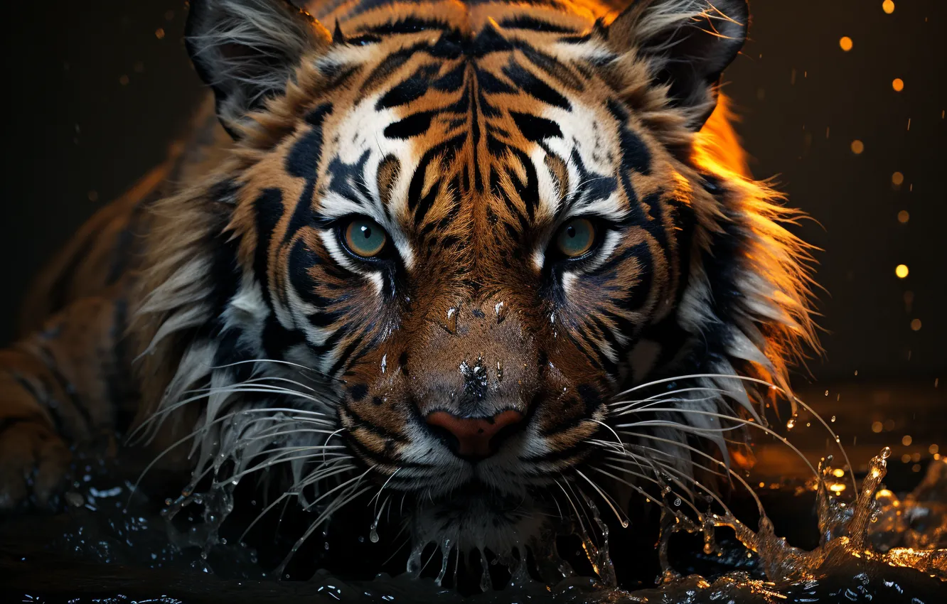 Photo wallpaper look, face, water, tiger, the dark background, predator, front, big cat