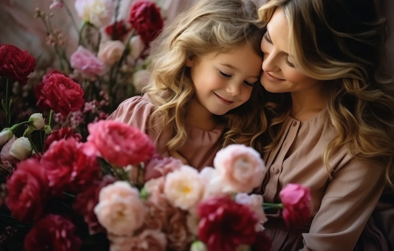 Photo wallpaper girl, flowers, red, children, holiday, woman, roses, bouquet