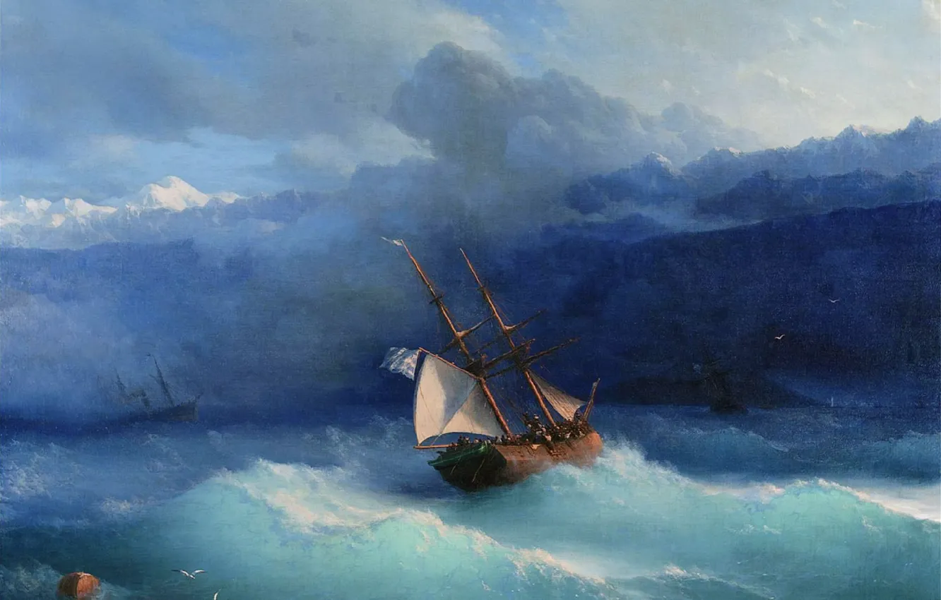 Photo wallpaper ship, picture, sail, seascape, Ivan Aivazovsky, Along The Coast