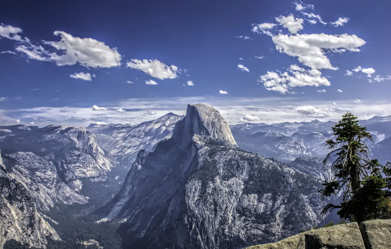 Photo wallpaper the sky, clouds, snow, trees, mountains, rocks, valley, CA