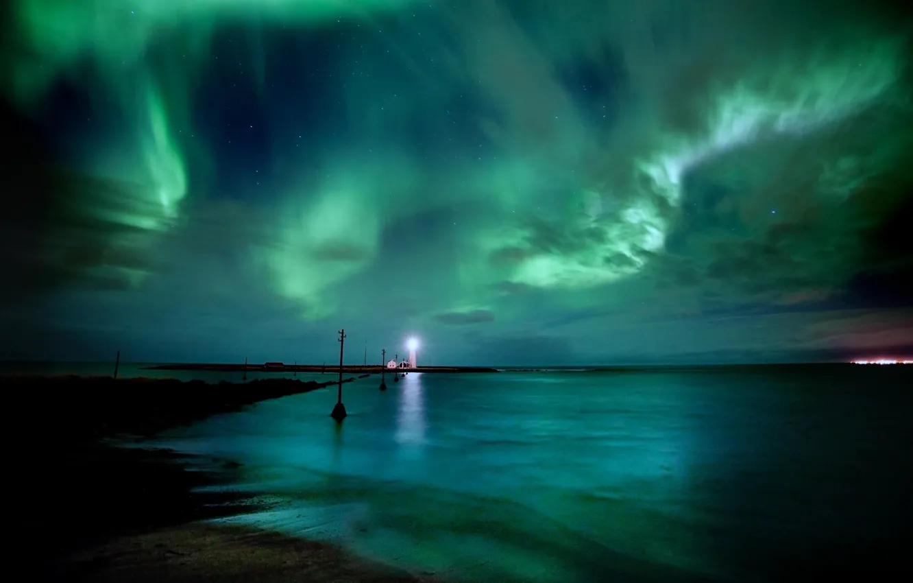 Photo wallpaper lights, lighthouse, lights, Aurora Borealis