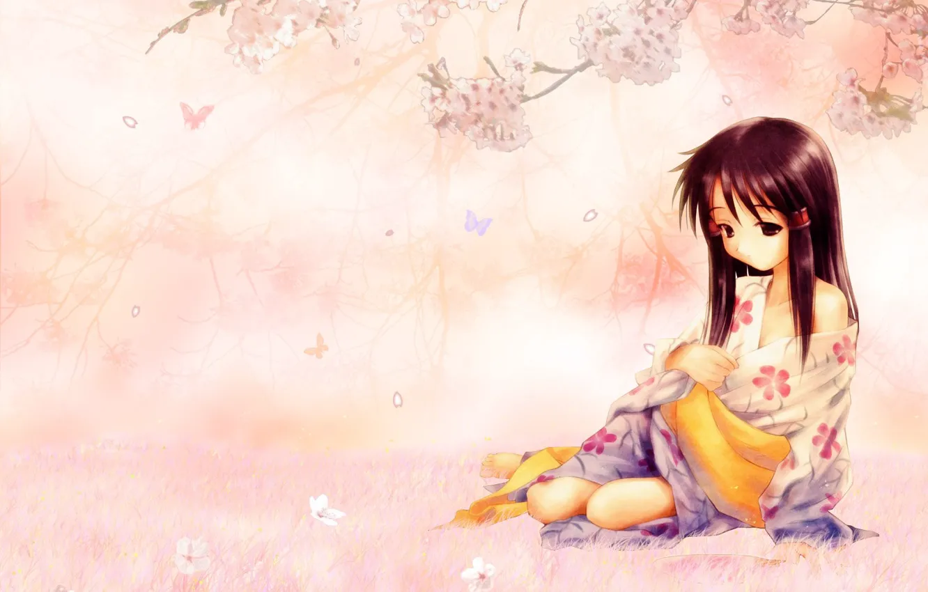 Photo wallpaper sadness, girl, flowers, mood, Sakura, kimono