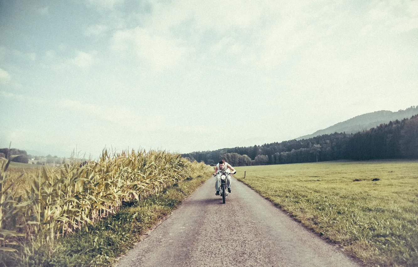 Photo wallpaper road, field, the sun, clouds, corn, motorcycle, male, farm