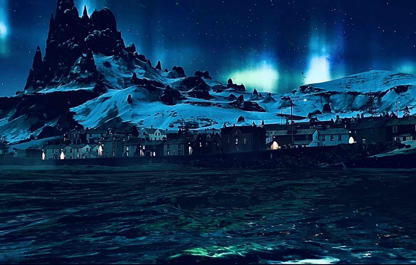 Photo wallpaper HDR, House, Sky, Stars, Winter, Mountain, Snow, Game