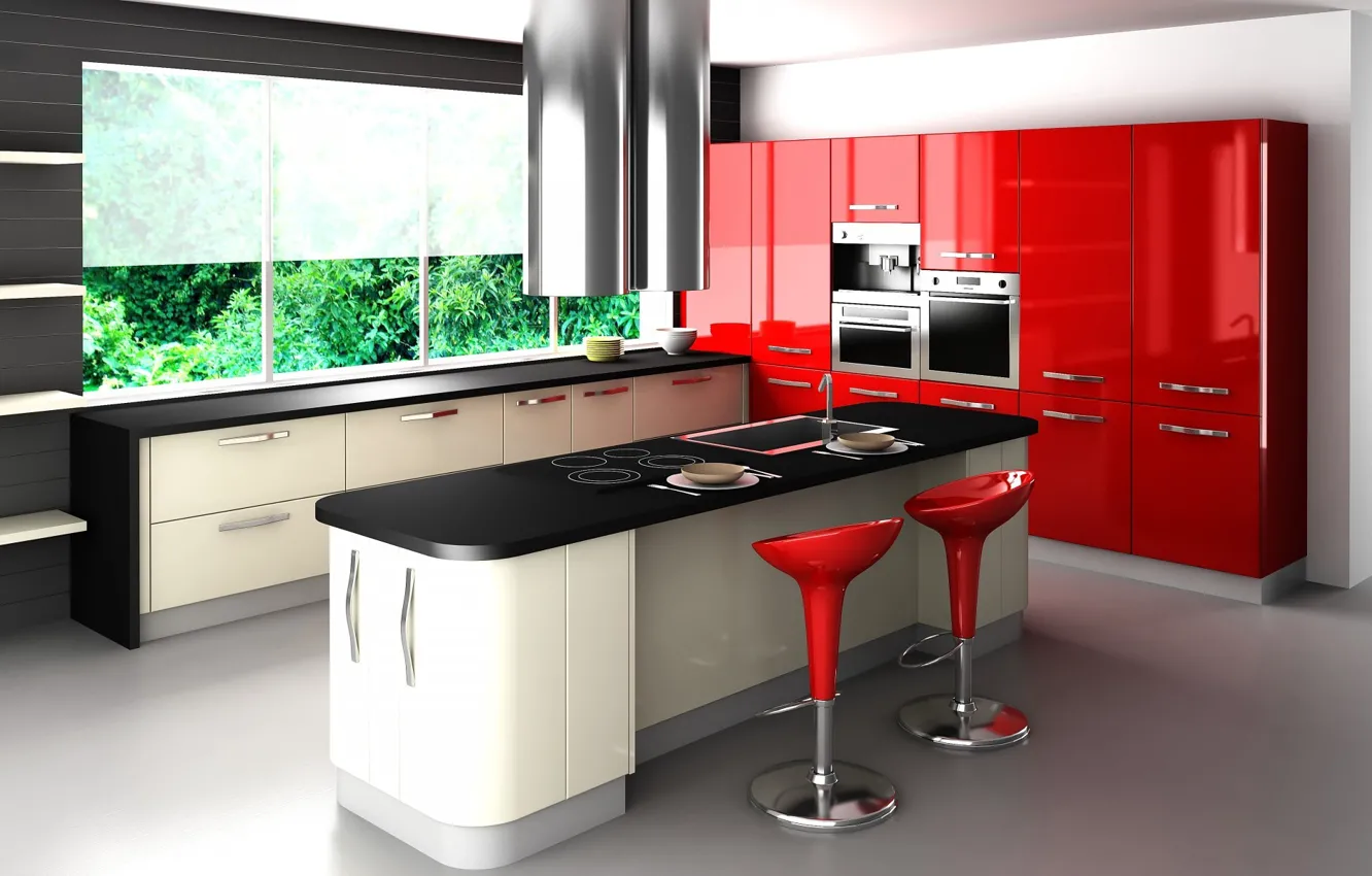 Photo wallpaper red, style, table, chairs, window, kitchen, headsets