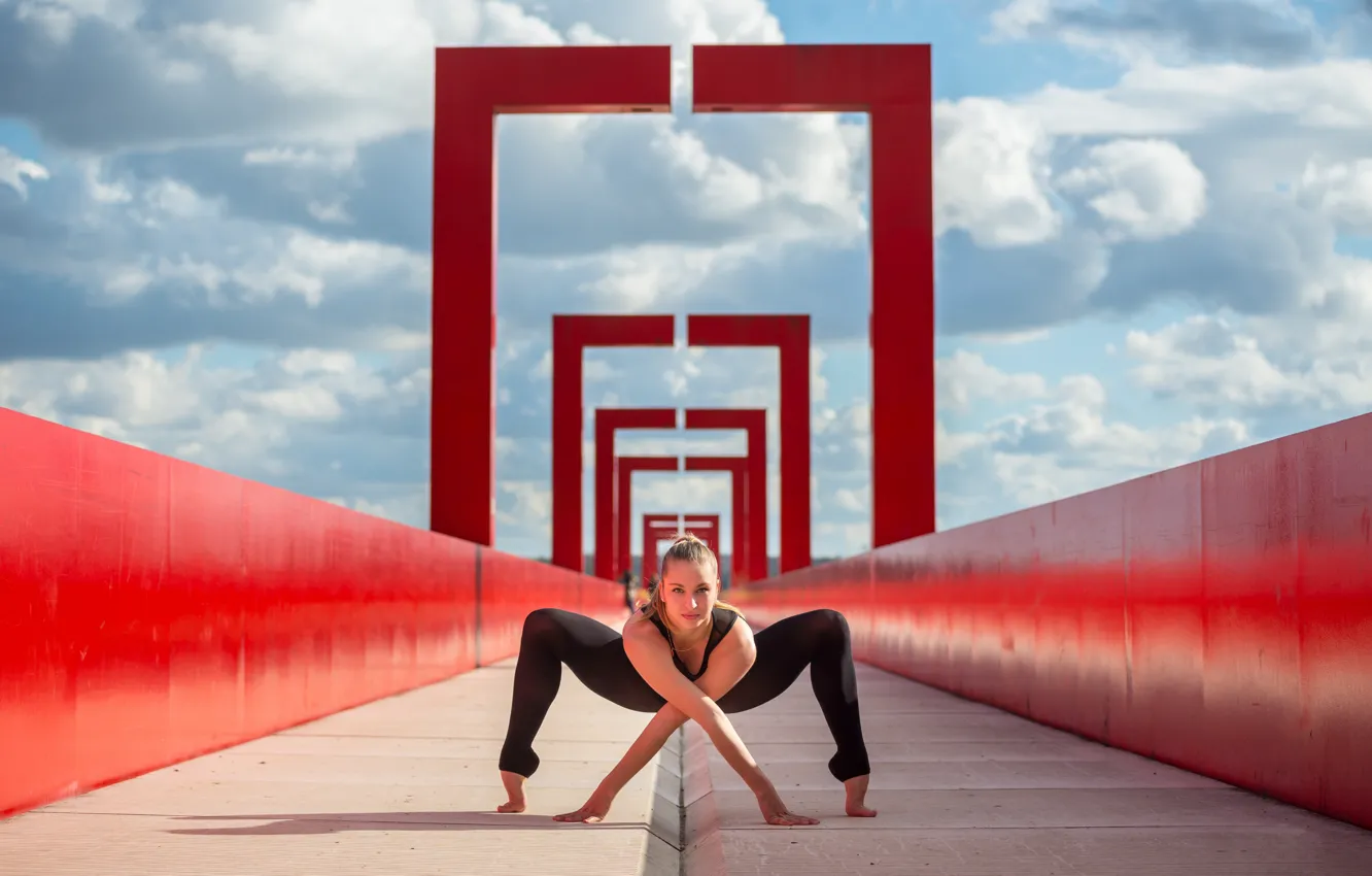 Photo wallpaper the sky, look, girl, clouds, bridge, stretching