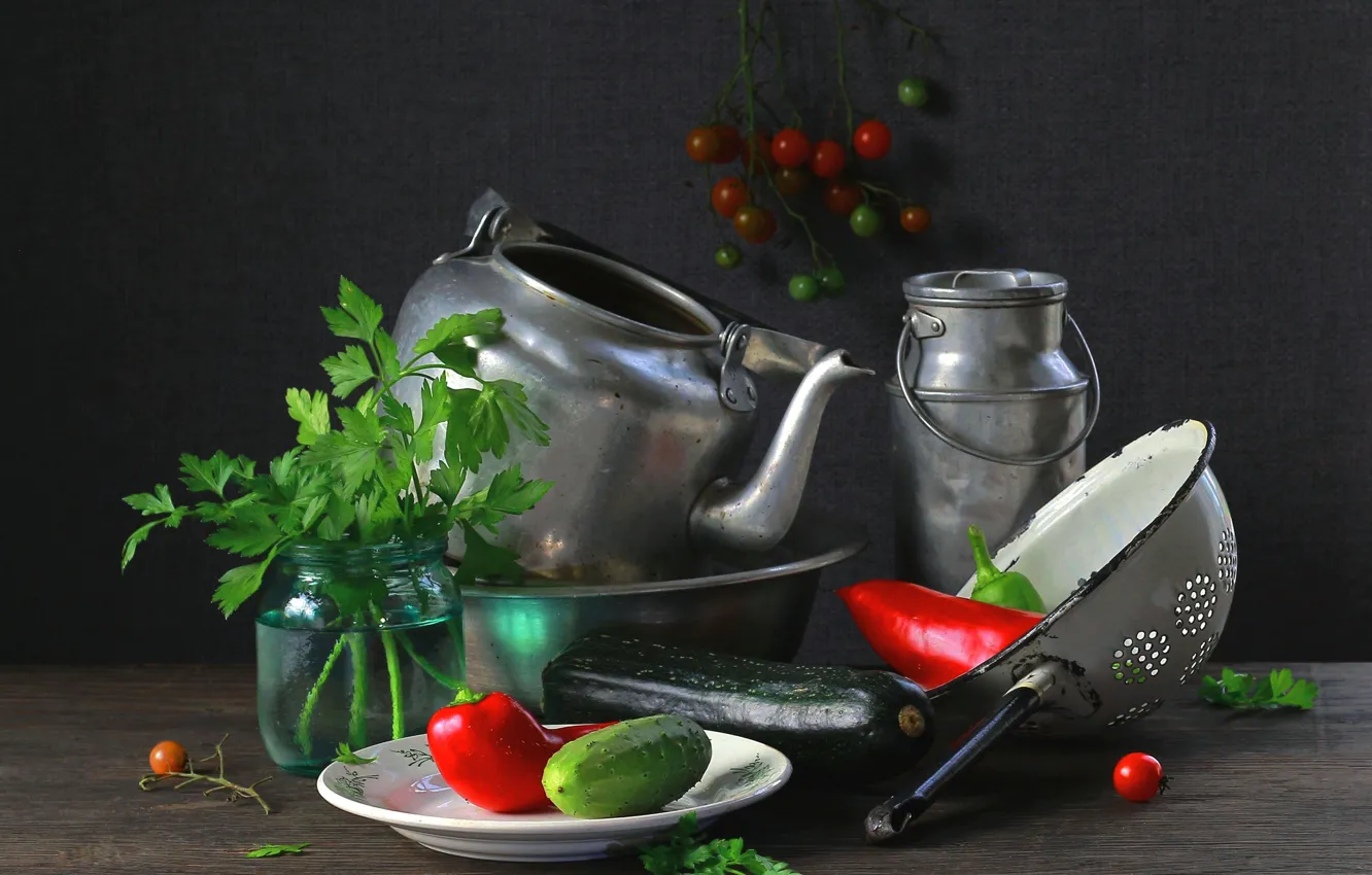 Photo wallpaper table, kettle, plate, Bank, pepper, still life, vegetables, tomatoes