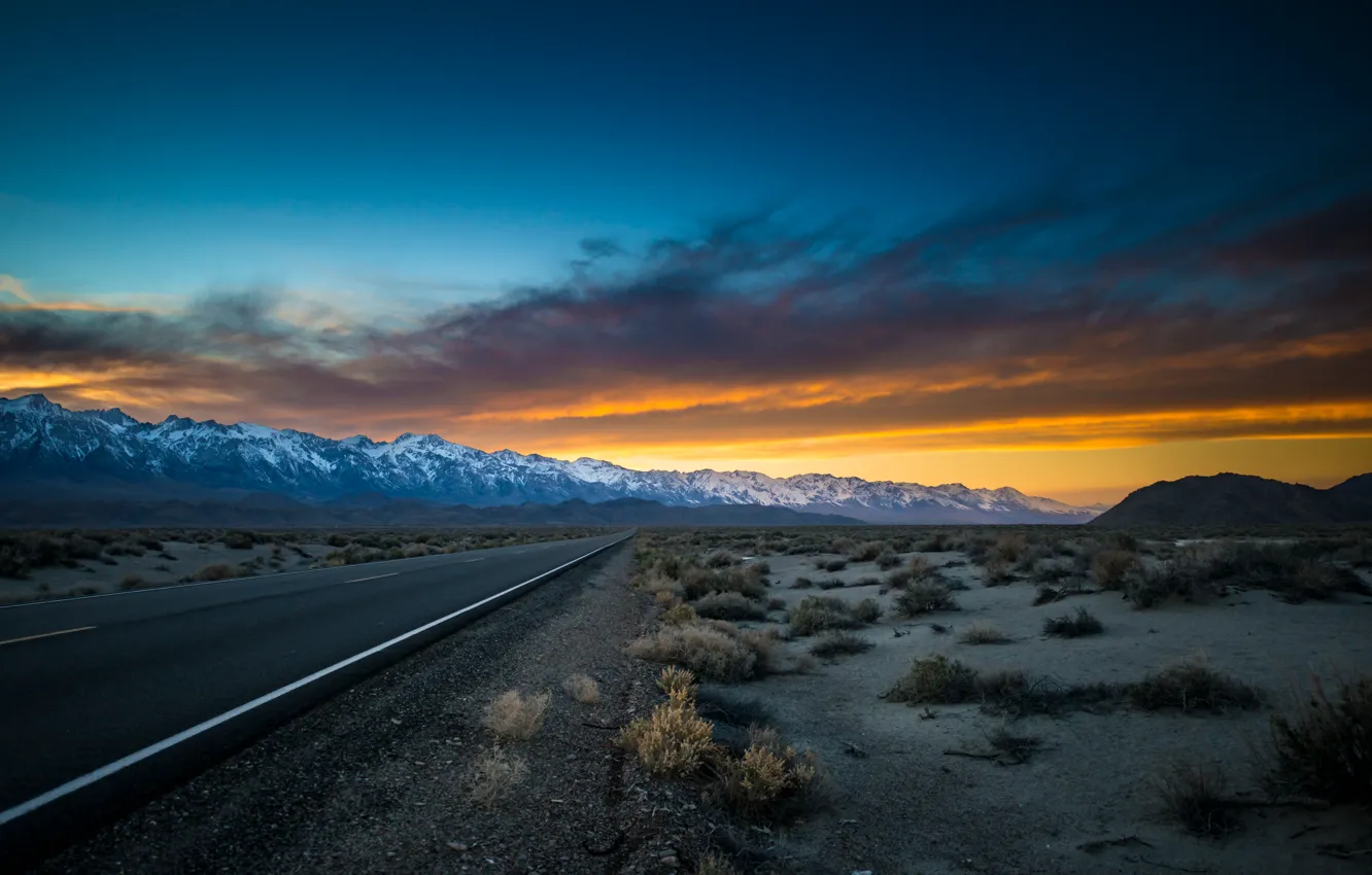 Photo wallpaper road, sunset, California, Owens Valley