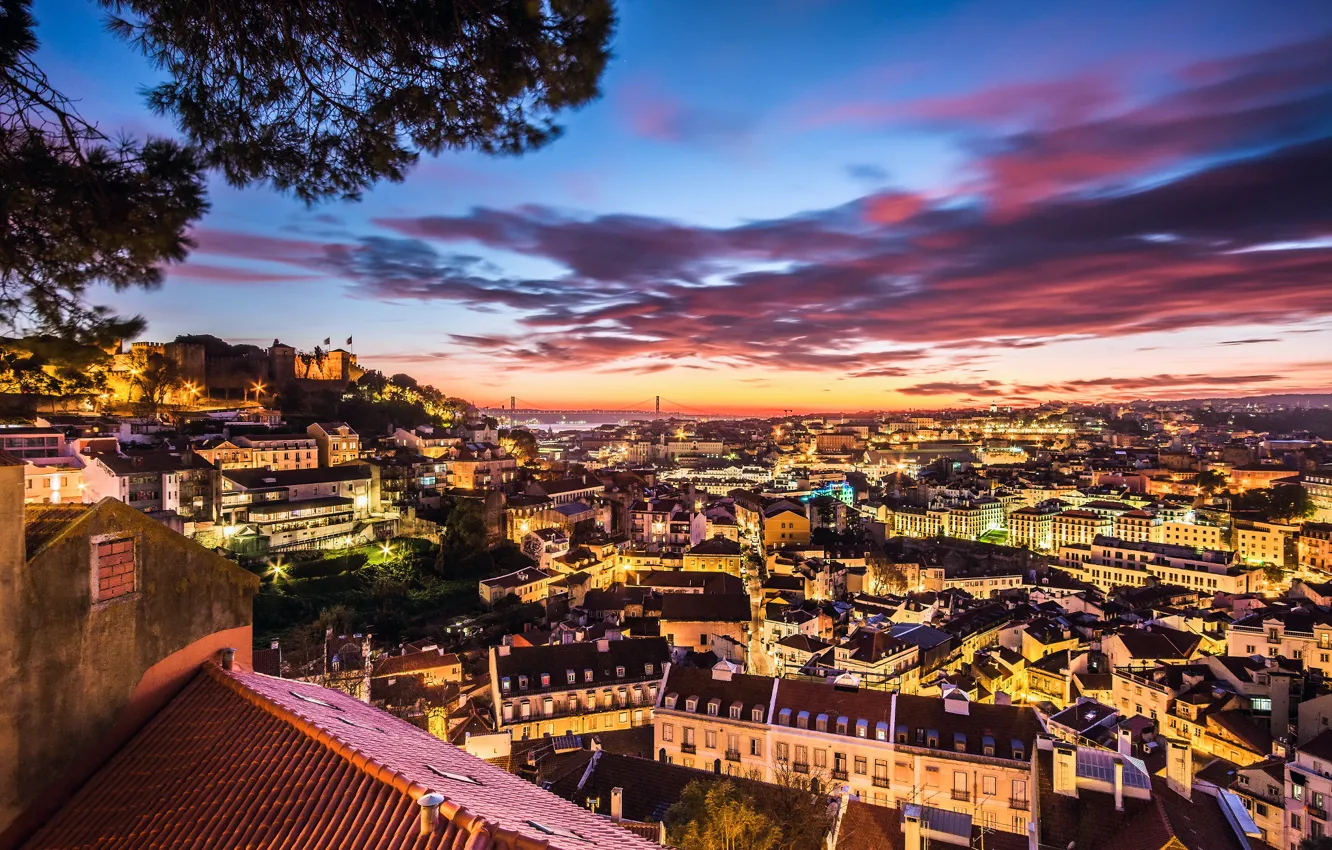 Photo wallpaper the city, lights, home, the evening, Portugal, Lisbon