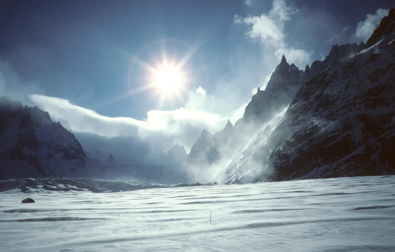 Photo wallpaper the sun, clouds, snow, mountains