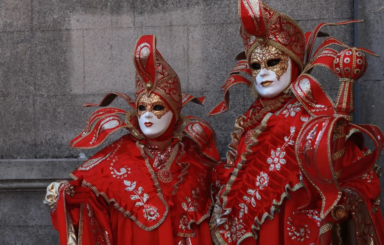 Photo wallpaper red, mask, pair, costume, Venice, carnival