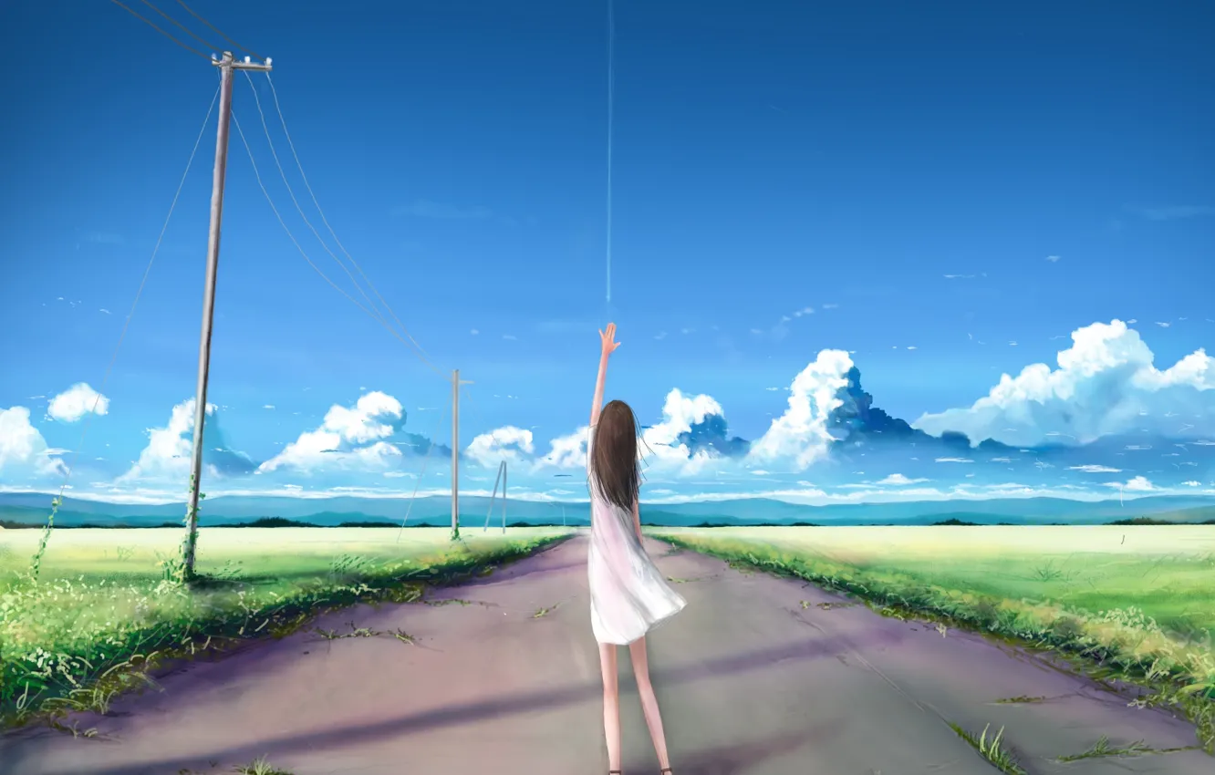 Photo wallpaper road, the sky, girl, clouds, nature, posts, wire, hand