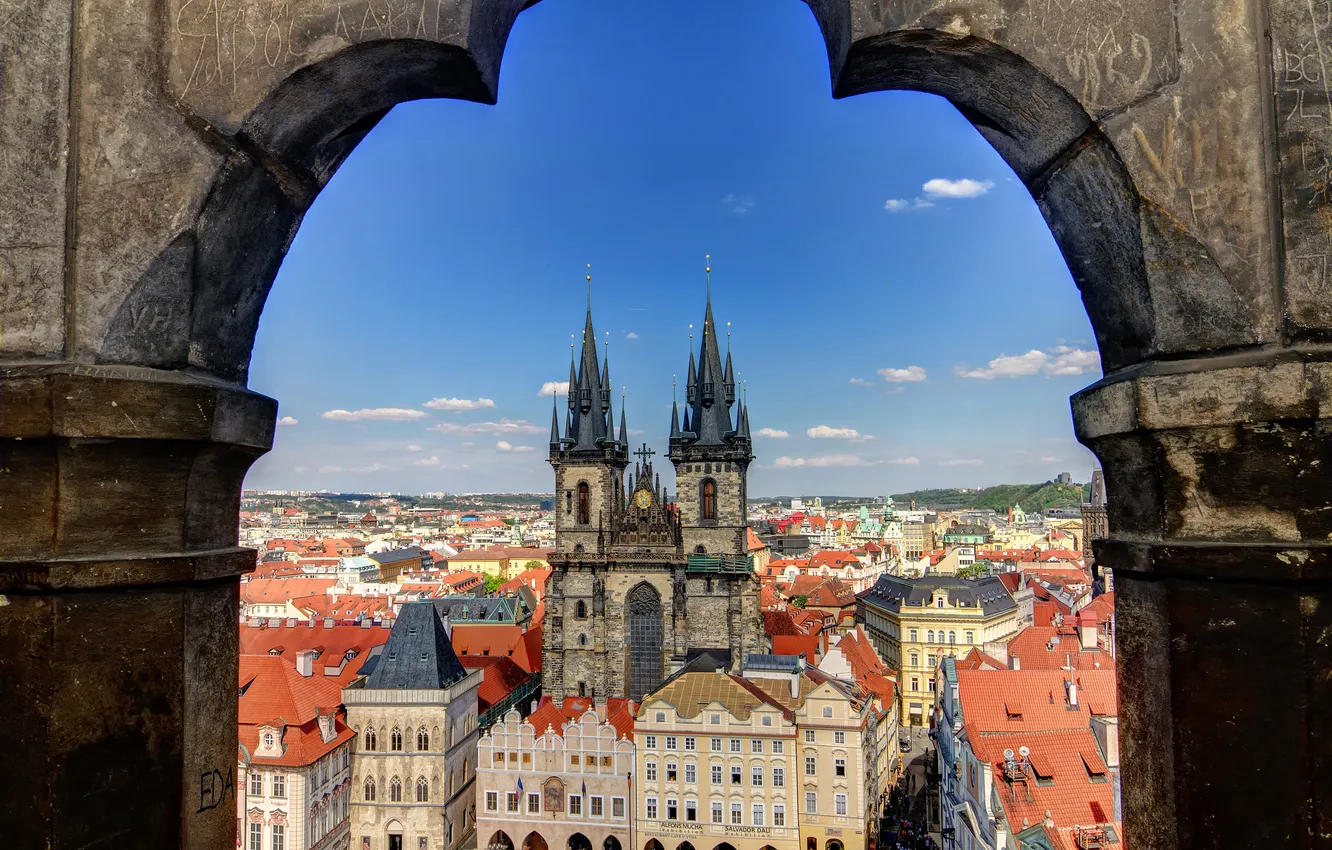 Photo wallpaper the sky, clouds, home, Prague, Czech Republic, panorama