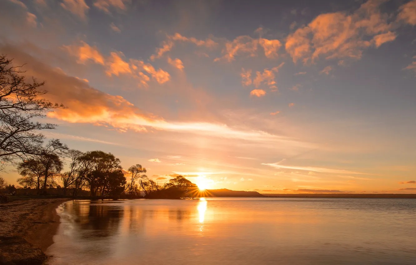 Photo wallpaper the sun, sunrise, New Zealand, North island, lake Rotorua, Lake Rotorua