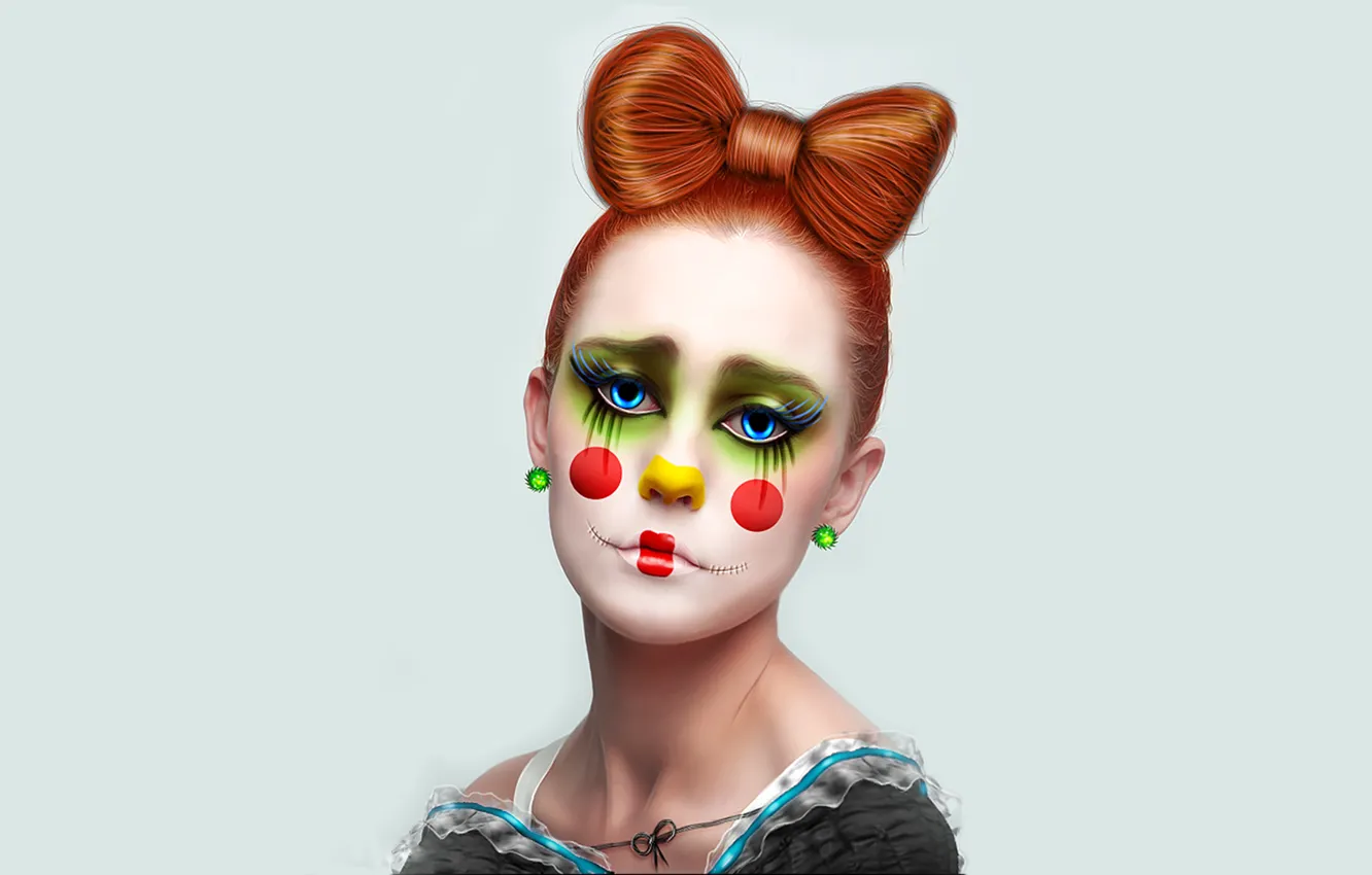 Photo wallpaper girl, earrings, clown, seam, red hair, bow, clown