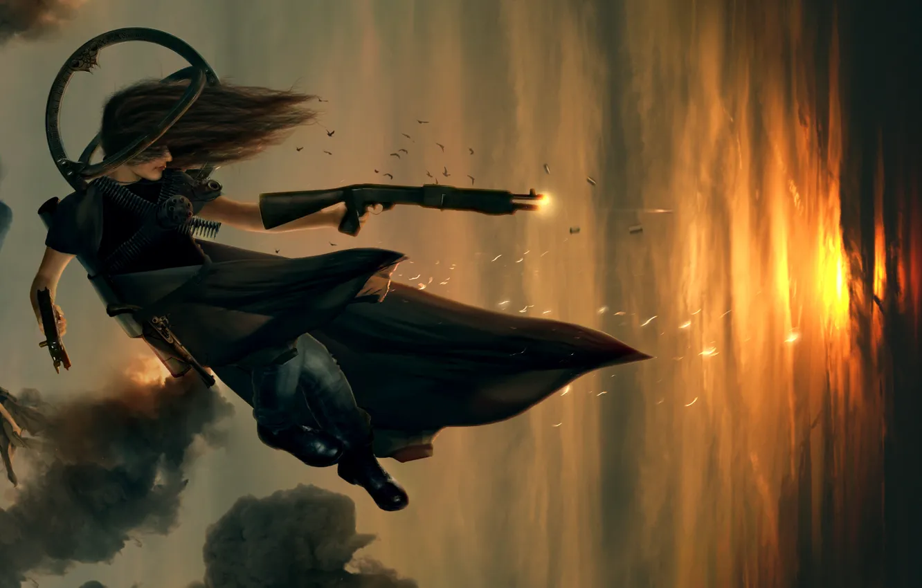 Photo wallpaper girl, sunset, weapons, drop, shotgun