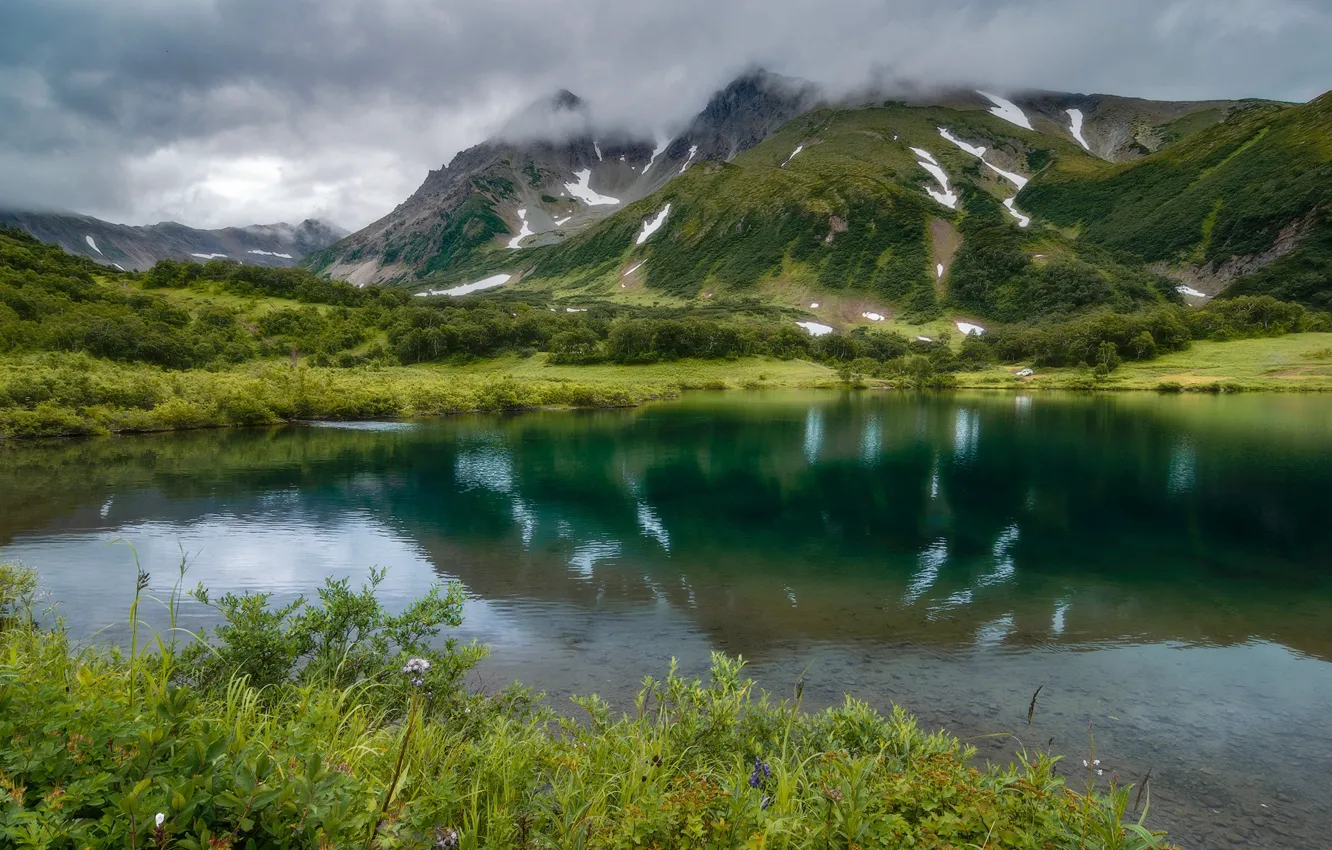 Photo wallpaper clouds, landscape, mountains, nature, lake, Kamchatka, Packages