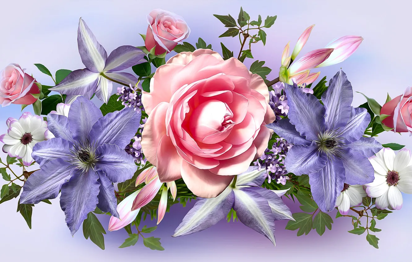 Photo wallpaper Flowers, Rose, clematis