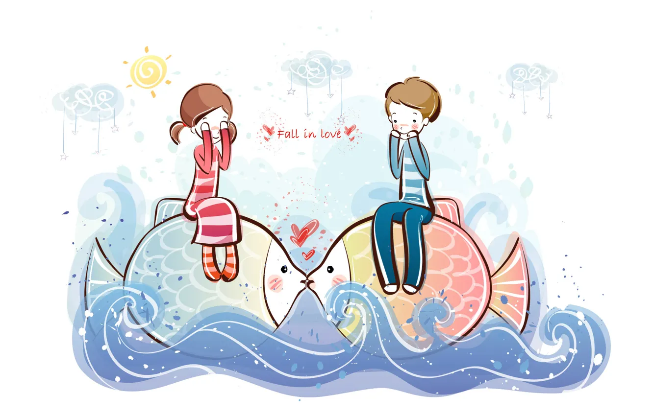 Photo wallpaper wave, water, fish, figure, boy, girl, love